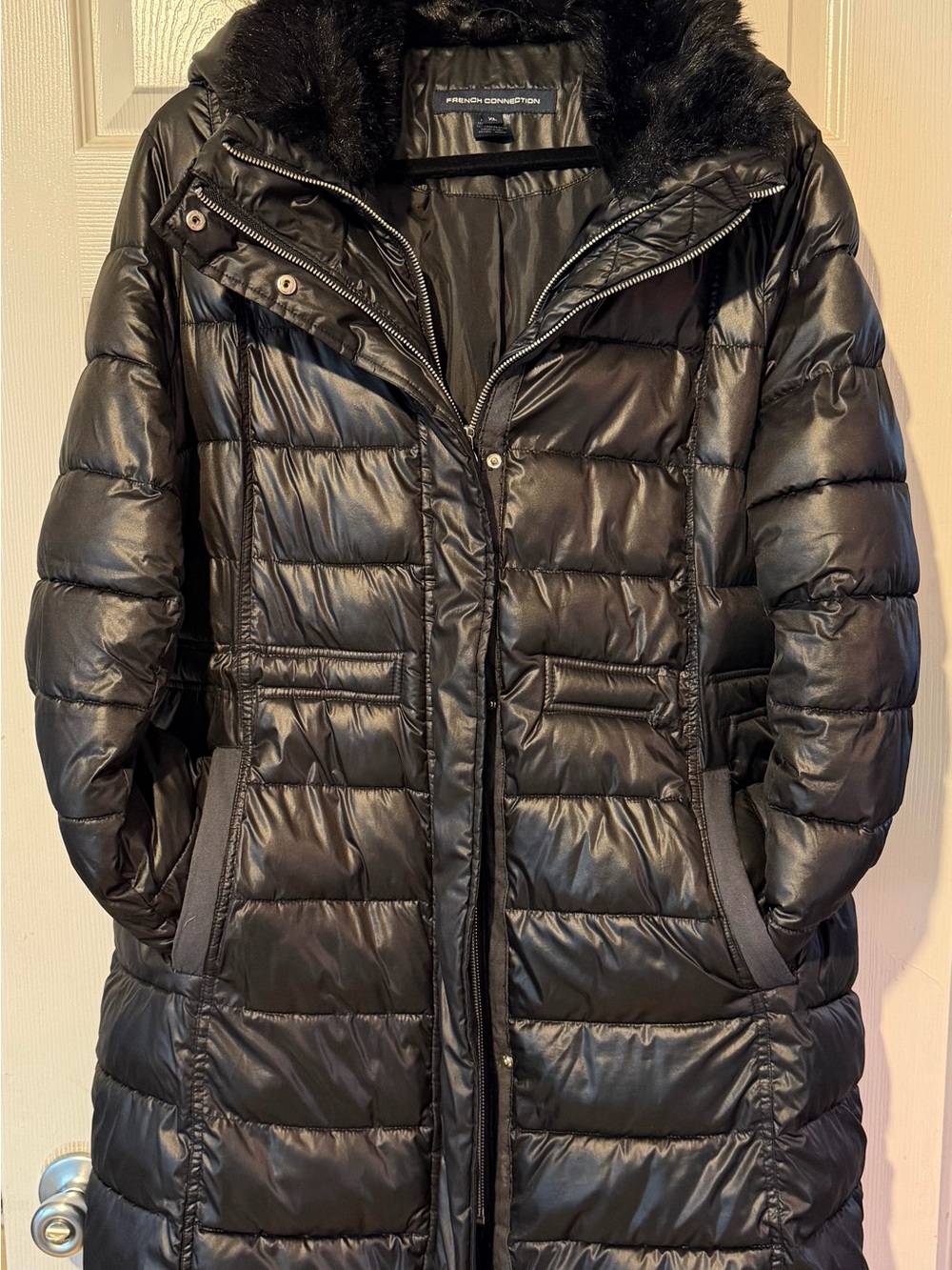 French Connection Black Quilted Long Puffer Coat with Faux-Fur Collar